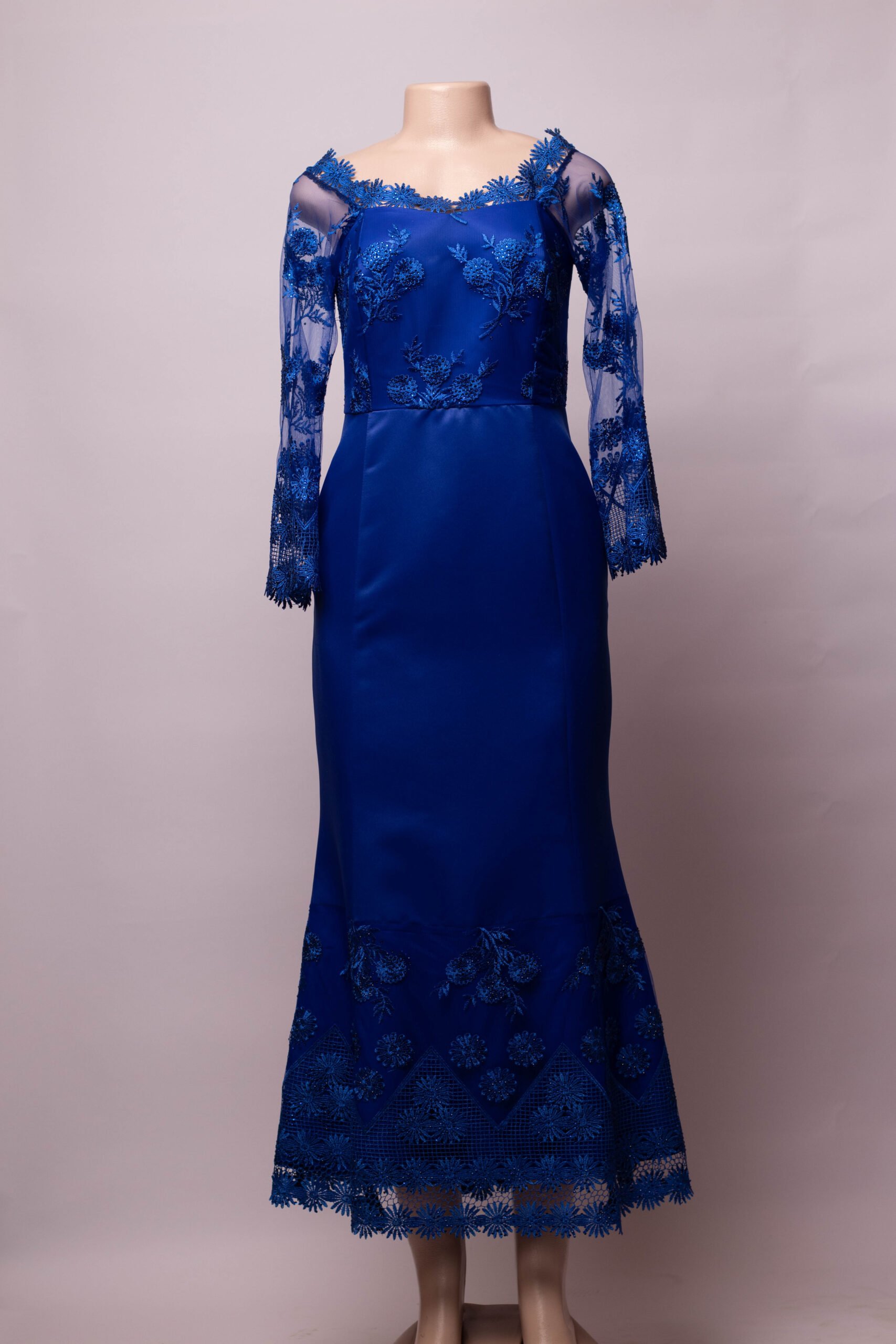 Navy Blue Bridal Satin With Blue Lace Midi Dress - 2024