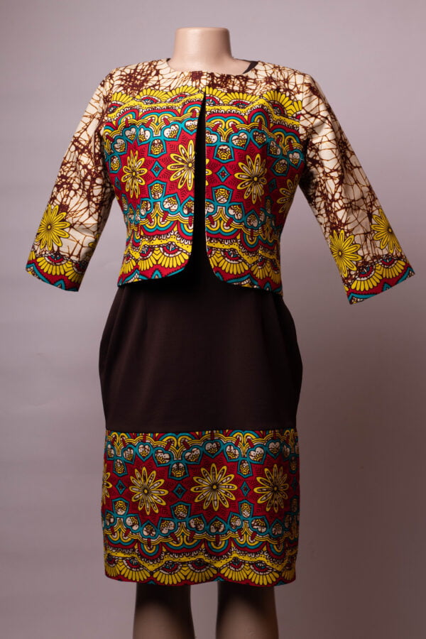 Yellow and Brown Chitenge Knee Length Dress with Short Jacket